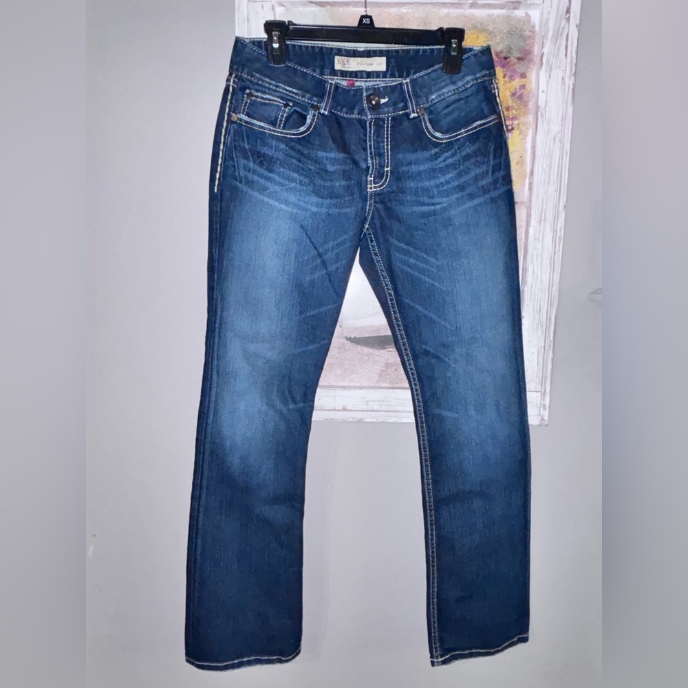 BKE Culture Trendy Jeans 31 Boot Cut Denim Blue Whiskered Stretch 31 X 31.5